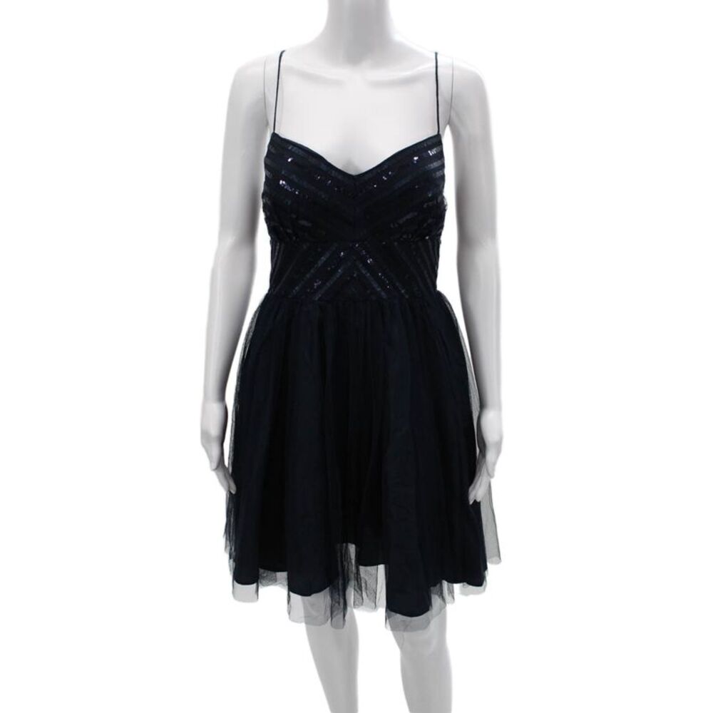 Aidan Aidan Mattox Women Fit & Flare Slip Dress Dark Blue Silk V-Neck Size 10